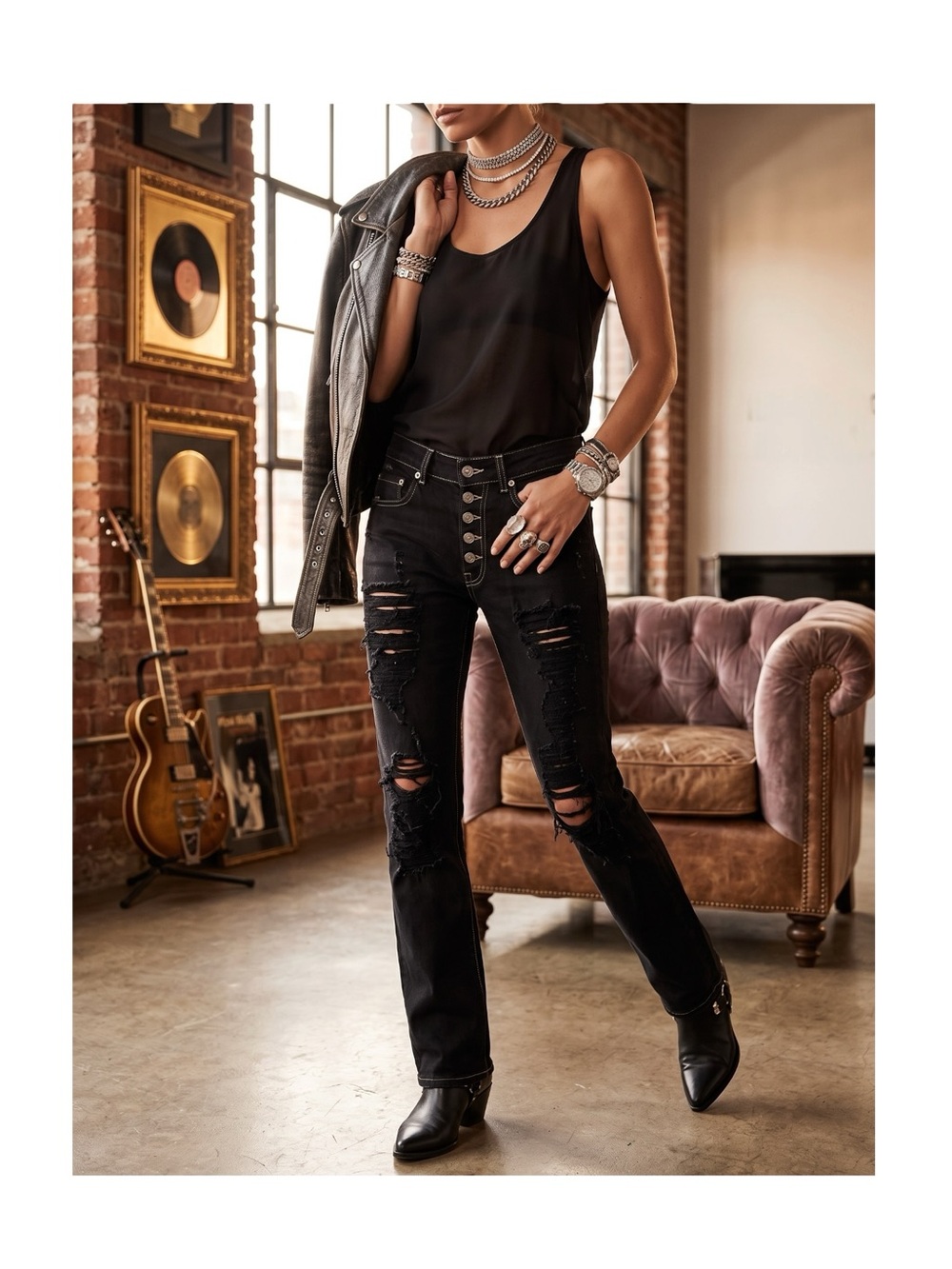 new LF Carmar ༄ Shredded Knee Destroyed Boyfriend Jeans ༄ Overdye Black ༄ 23 25